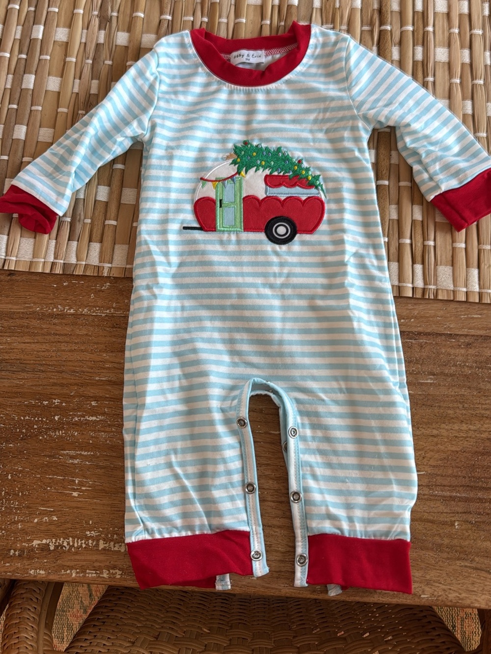 Striped Light Blue & White Kids One-Piece with Red Trim and Camper Appliqué